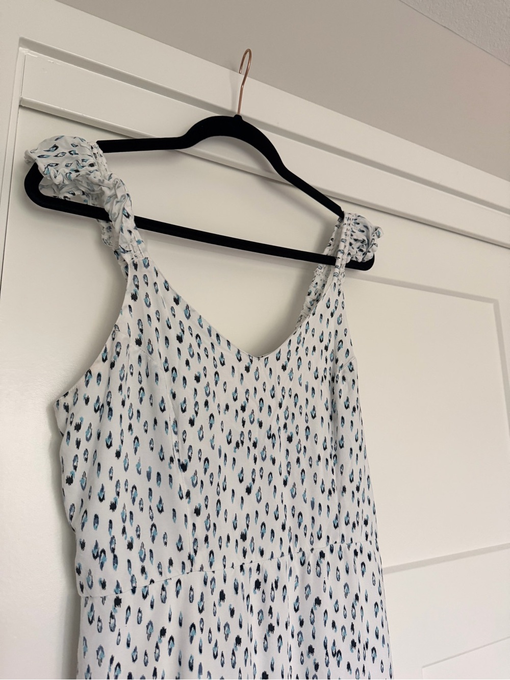 White Maxi Dress with light blue and Black Spot Print